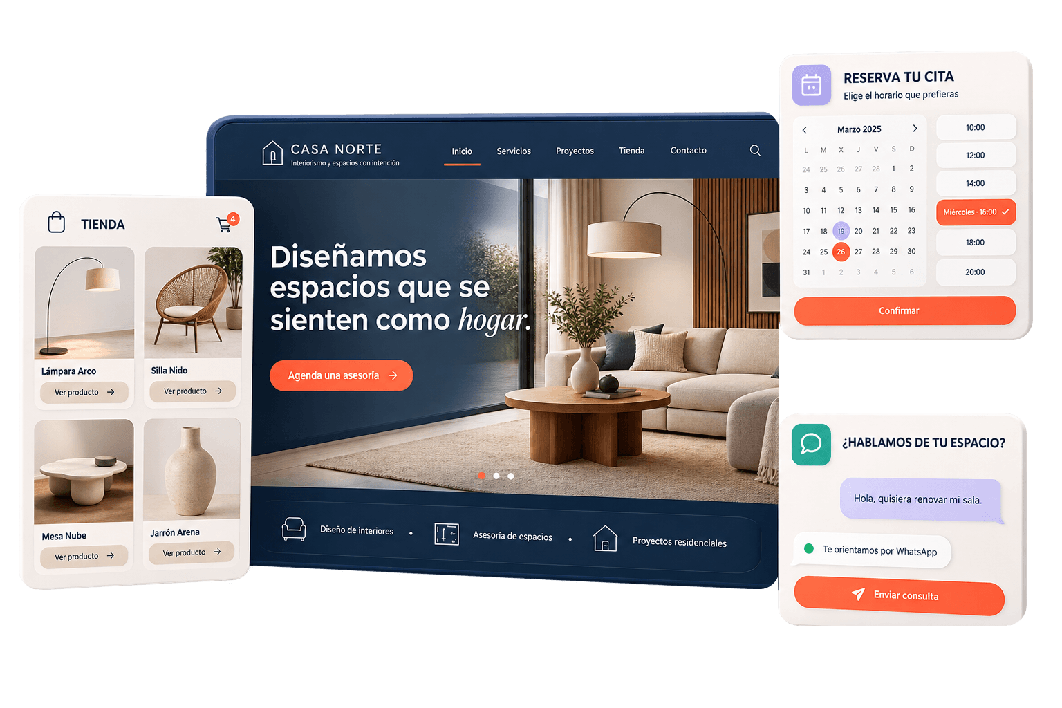 Maqueta de un ecosistema web con sitio principal, tienda online, agenda de citas y consultas
